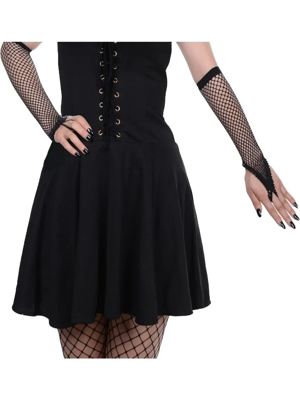 Women's Black Long Fishnet Fingerless Mesh Scalloped Edge Gothic Gloves